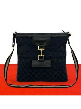 Gucci GG Logo Pattern Canvas Leather Shoulder Bag Tote Black Navy